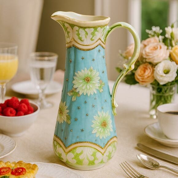 Antique Tall Porcelain Tankard Pitcher – Hand Painted Floral Design with Gilding - Picture 1 of 8